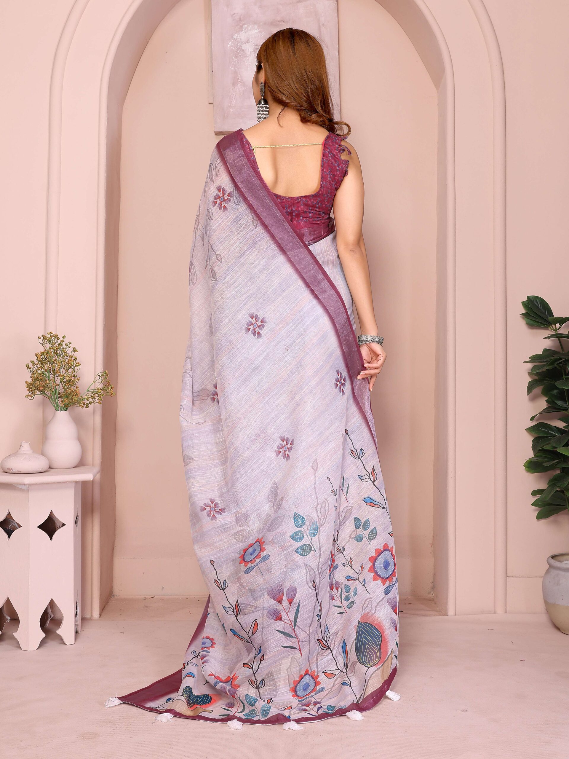 Elegant Linen Cotton Saree ? Pastel Lavender with Multicolor Floral Motifs & Wine-Purple Border - Image 5