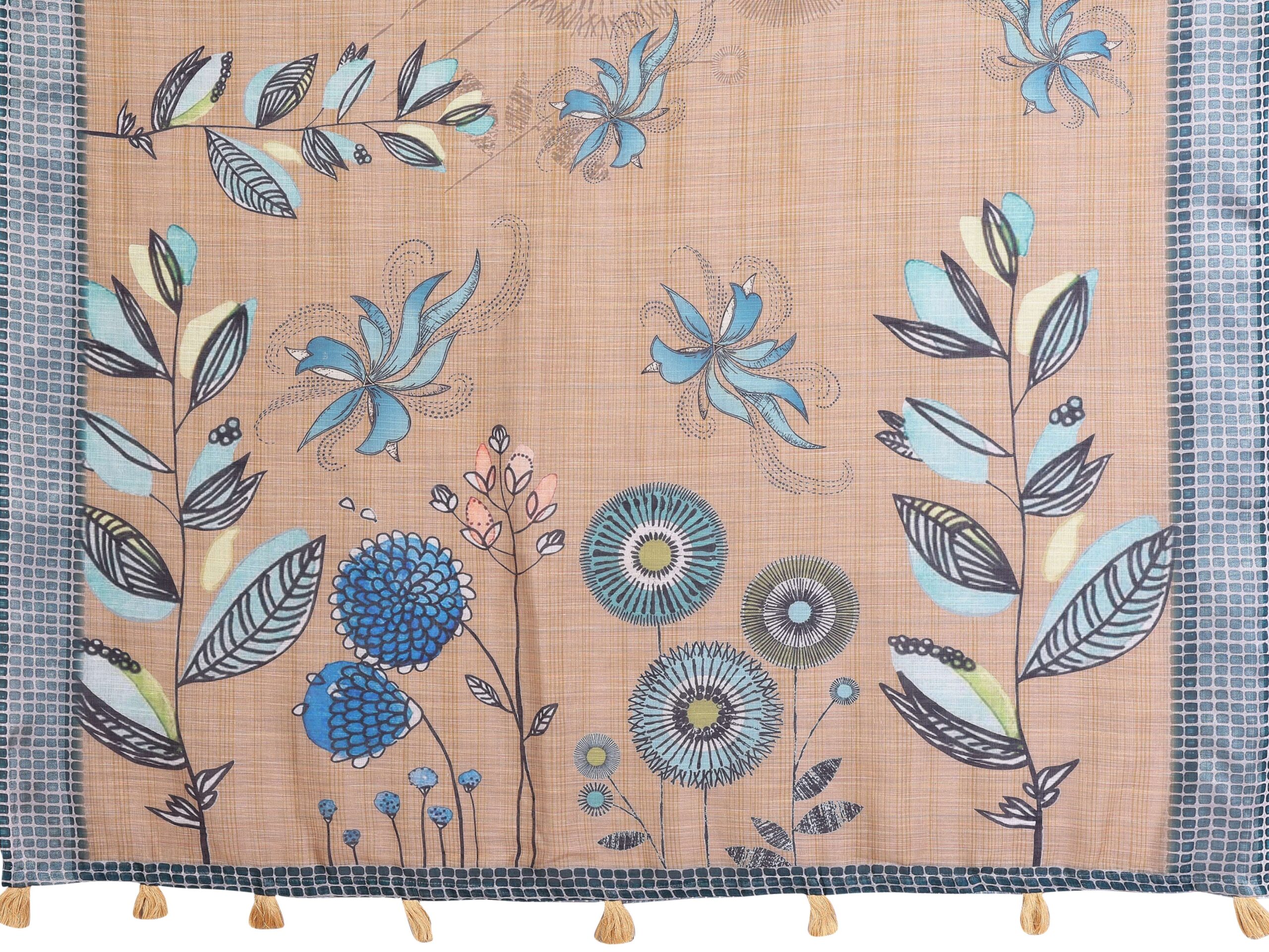 Elegant Linen Cotton Saree ? Beige Base with Blue Floral Accents & Checkered Border - Image 5
