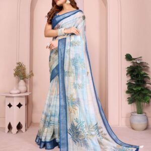 Pastel Blue Linen Cotton Saree with Tropical Leaf Prints & Tassel Pallu