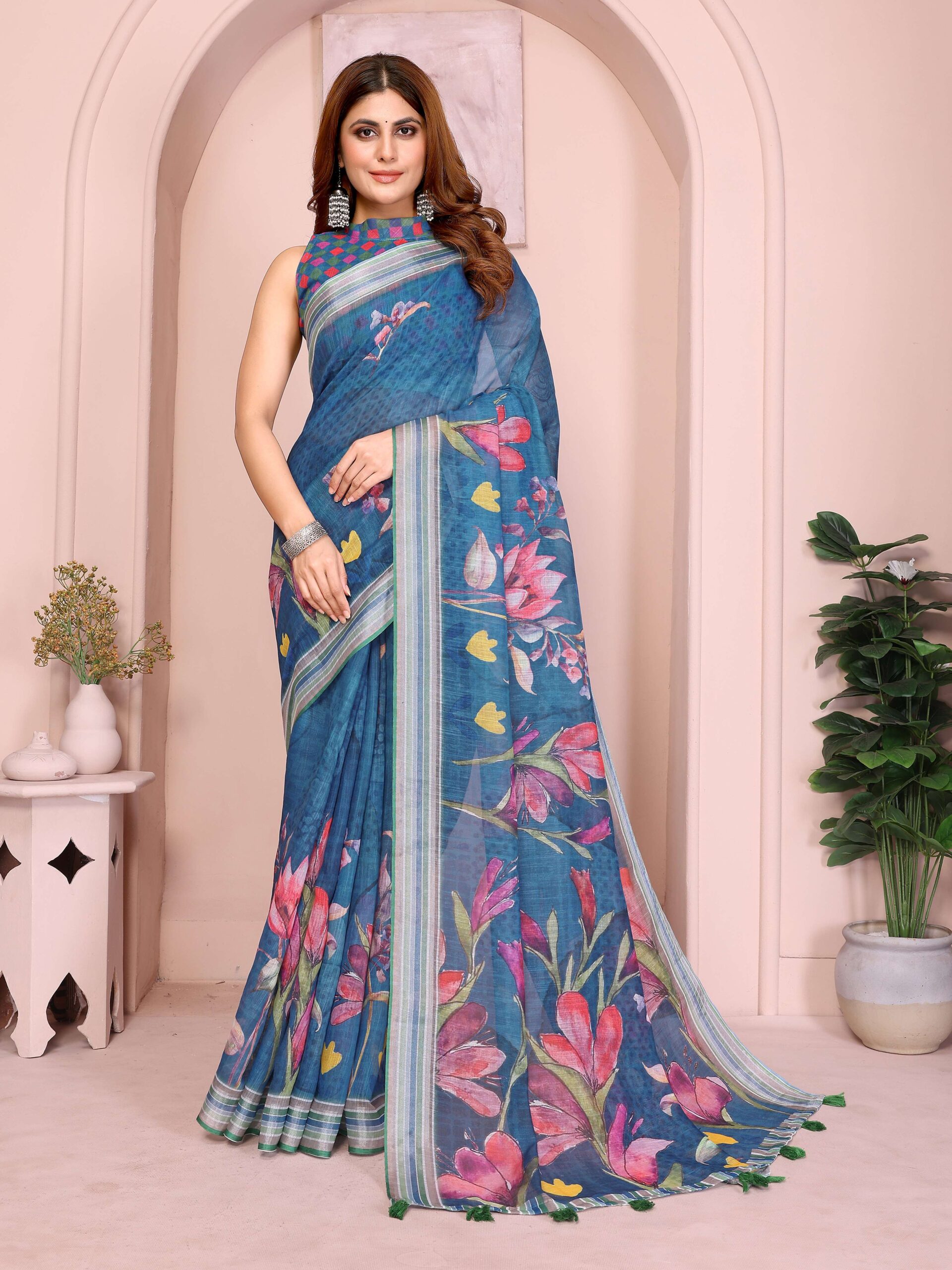 Elegant Linen Cotton Saree ? Deep Teal with Vibrant Multicolor Floral Print & Striped Border - Image 6