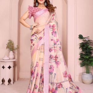 Elegant Linen Cotton Saree ? Beige Blooming Floral Print with Soft Pink Border