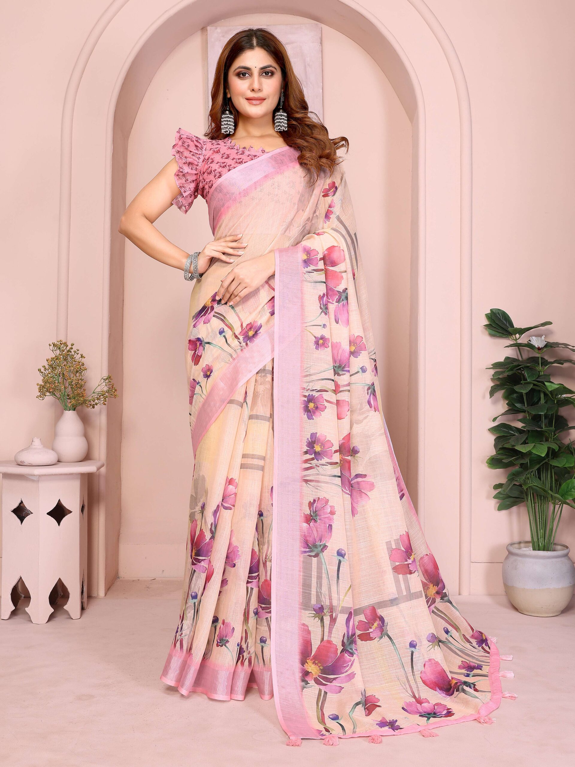 Elegant Linen Cotton Saree ? Beige Blooming Floral Print with Soft Pink Border