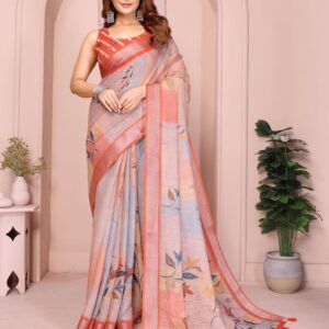 Elegant Linen Cotton Saree ? Pastel Grey with Coral Leaf Motifs & Tassel Border