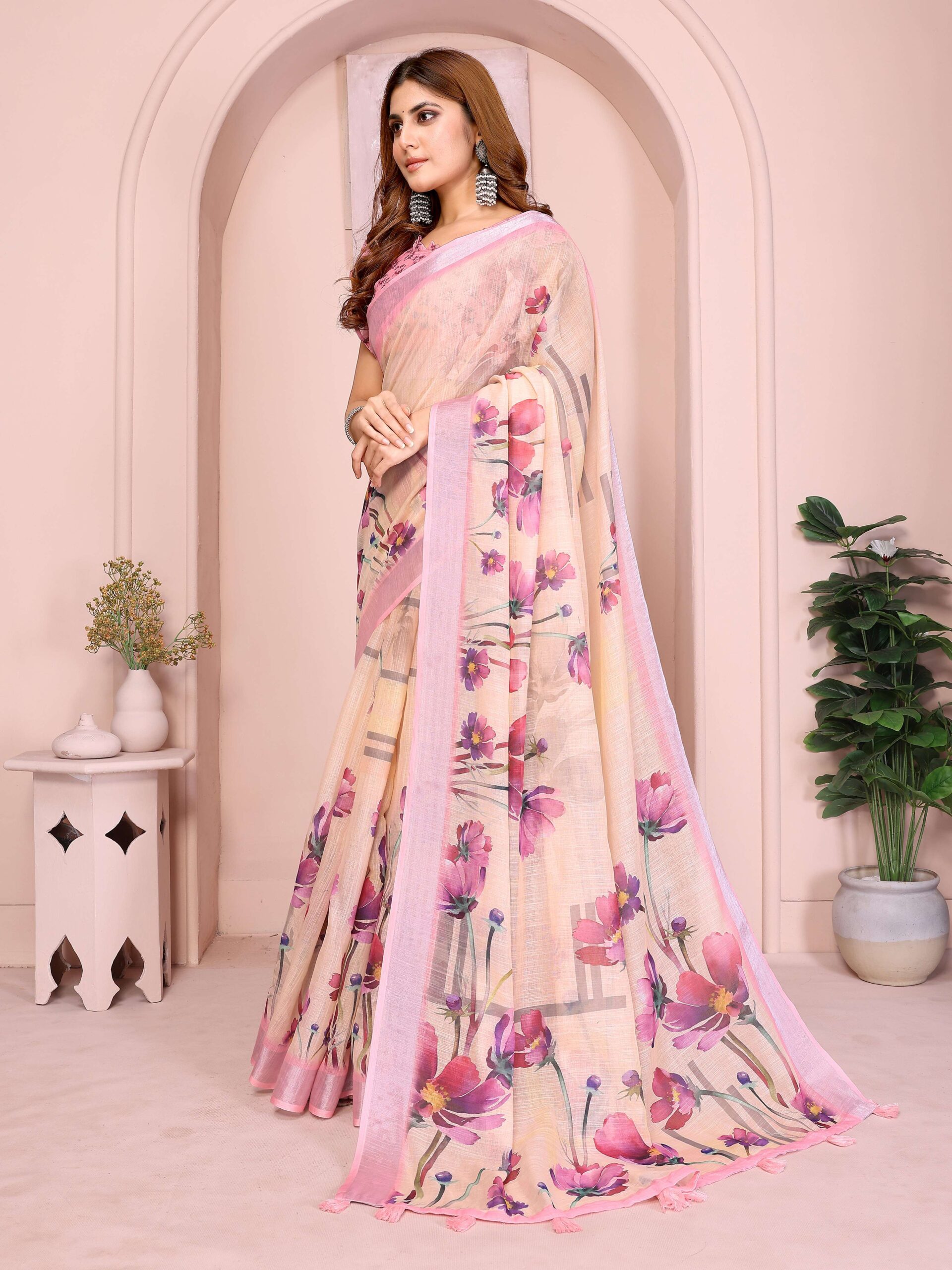 Elegant Linen Cotton Saree ? Beige Blooming Floral Print with Soft Pink Border - Image 3