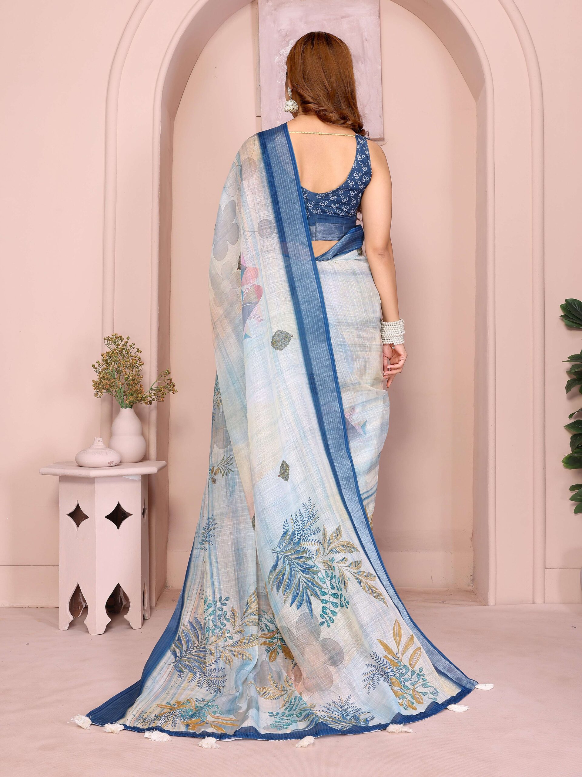 Pastel Blue Linen Cotton Saree with Tropical Leaf Prints & Tassel Pallu - Image 3