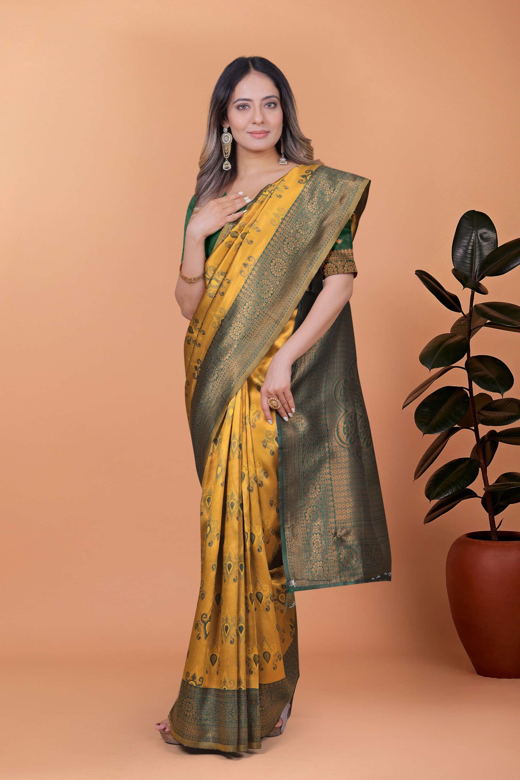 Regal Glow Mustard Yellow & Emerald Green Banarasi Silk Saree with Zari Work | Wedding, Festive & Temple Occasion Wear - Image 3