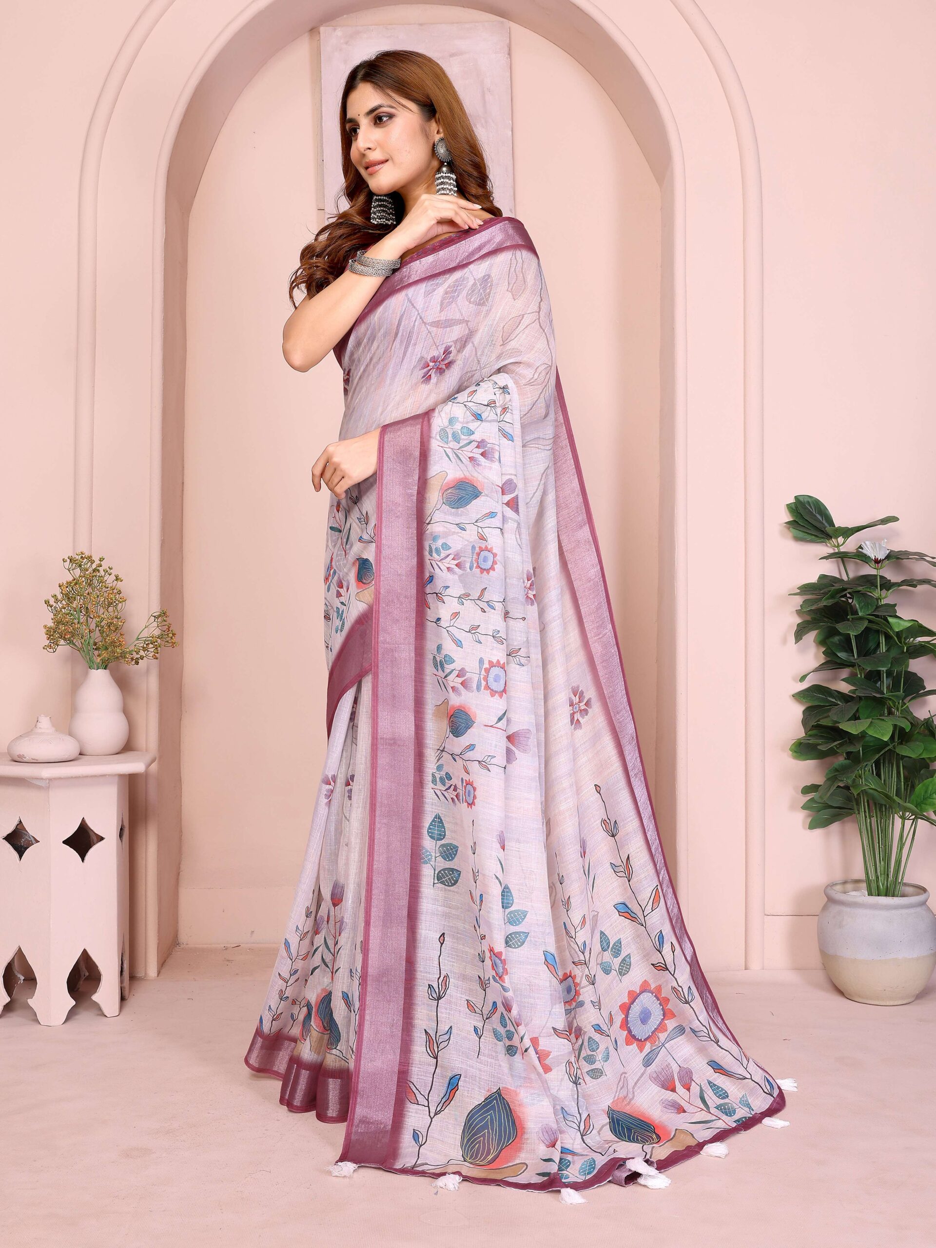 Elegant Linen Cotton Saree ? Pastel Lavender with Multicolor Floral Motifs & Wine-Purple Border - Image 4
