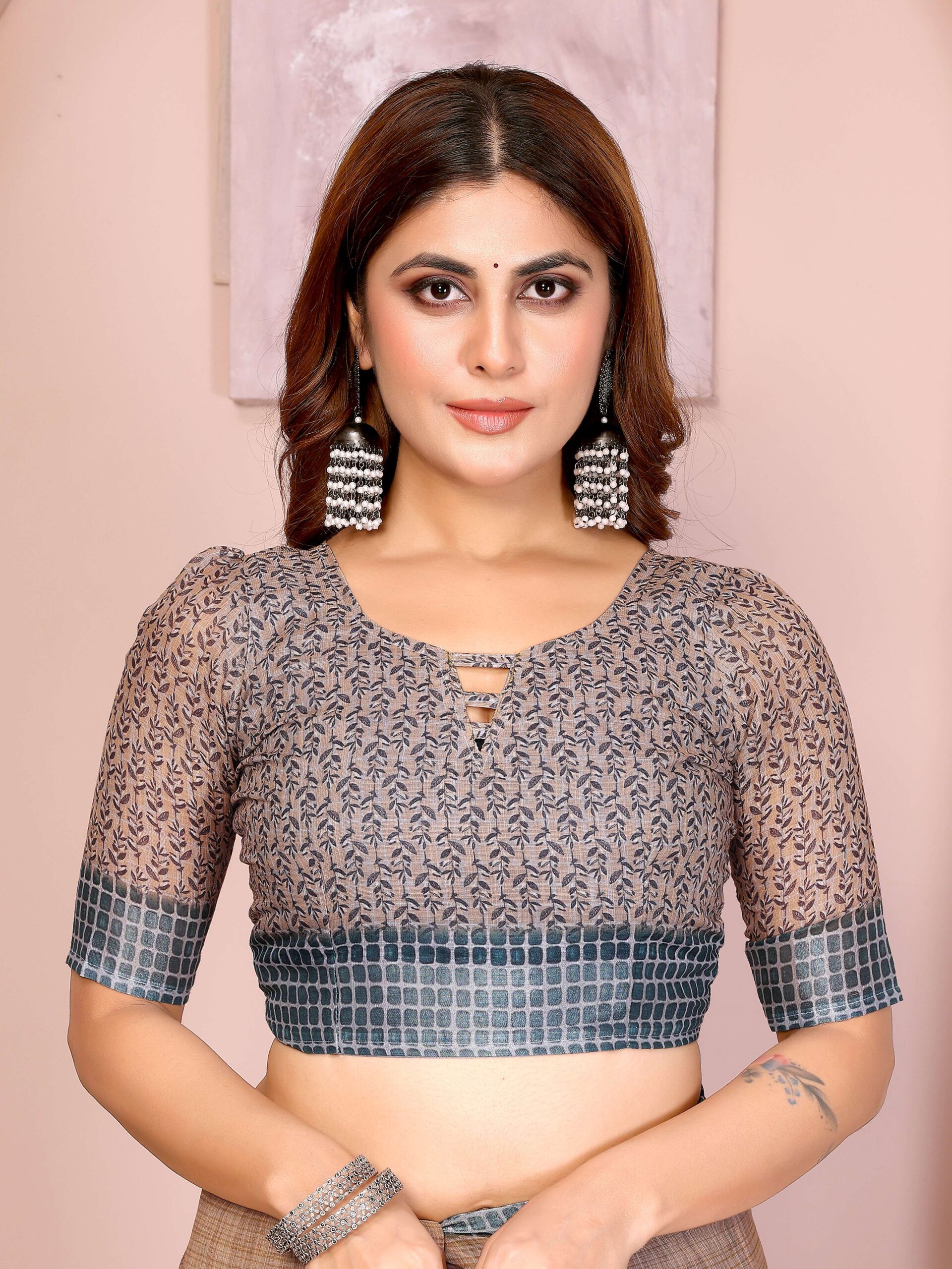 Elegant Linen Cotton Saree ? Beige Base with Blue Floral Accents & Checkered Border - Image 2