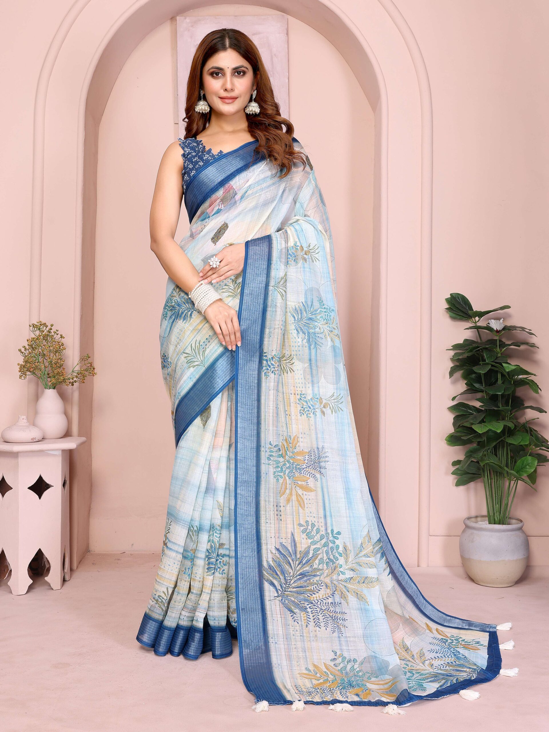 Pastel Blue Linen Cotton Saree with Tropical Leaf Prints & Tassel Pallu - Image 2