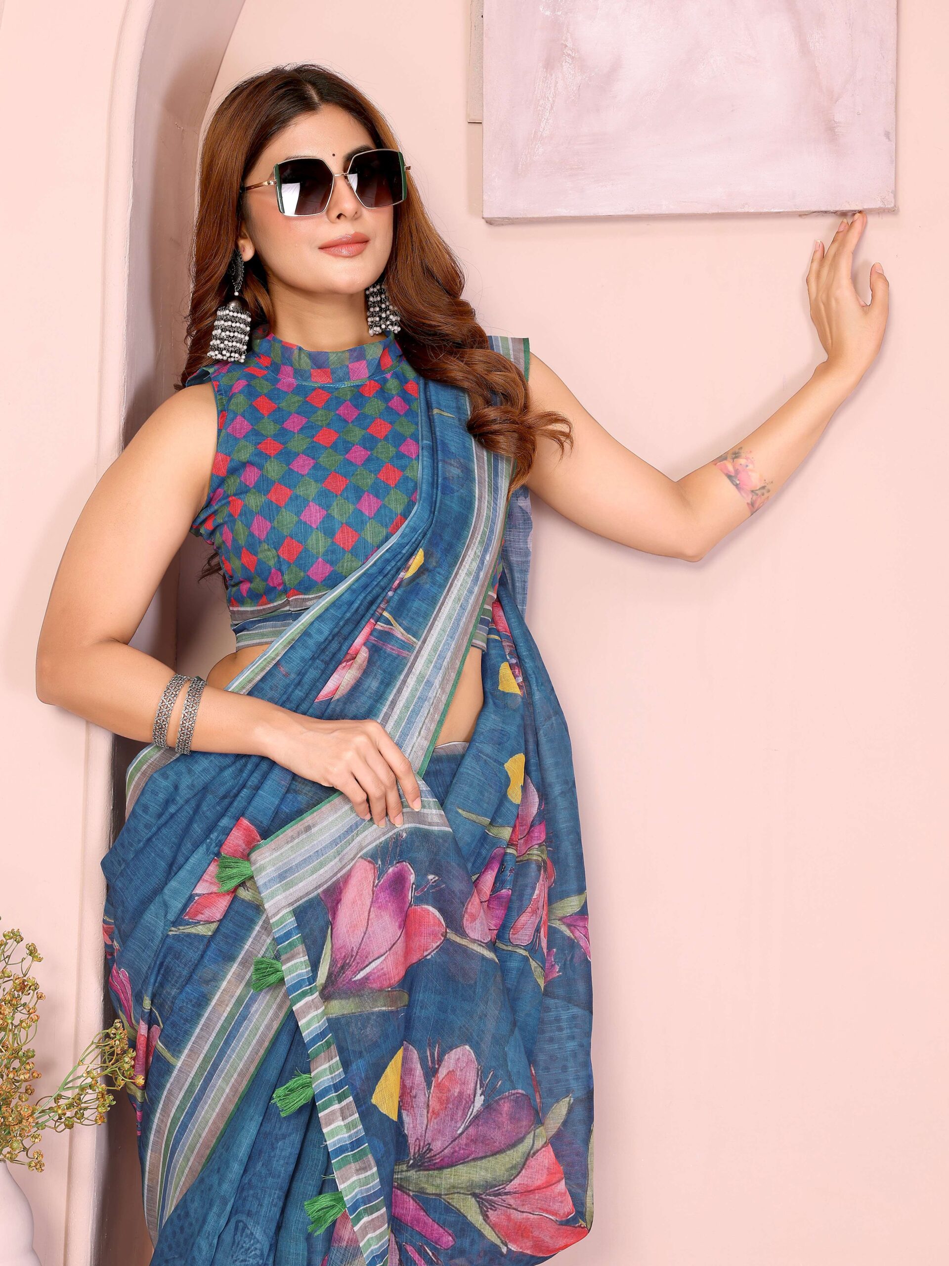 Elegant Linen Cotton Saree ? Deep Teal with Vibrant Multicolor Floral Print & Striped Border - Image 4