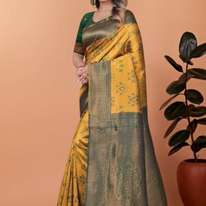 Regal Glow Mustard Yellow & Emerald Green Banarasi Silk Saree with Zari Work | Wedding, Festive & Temple Occasion Wear