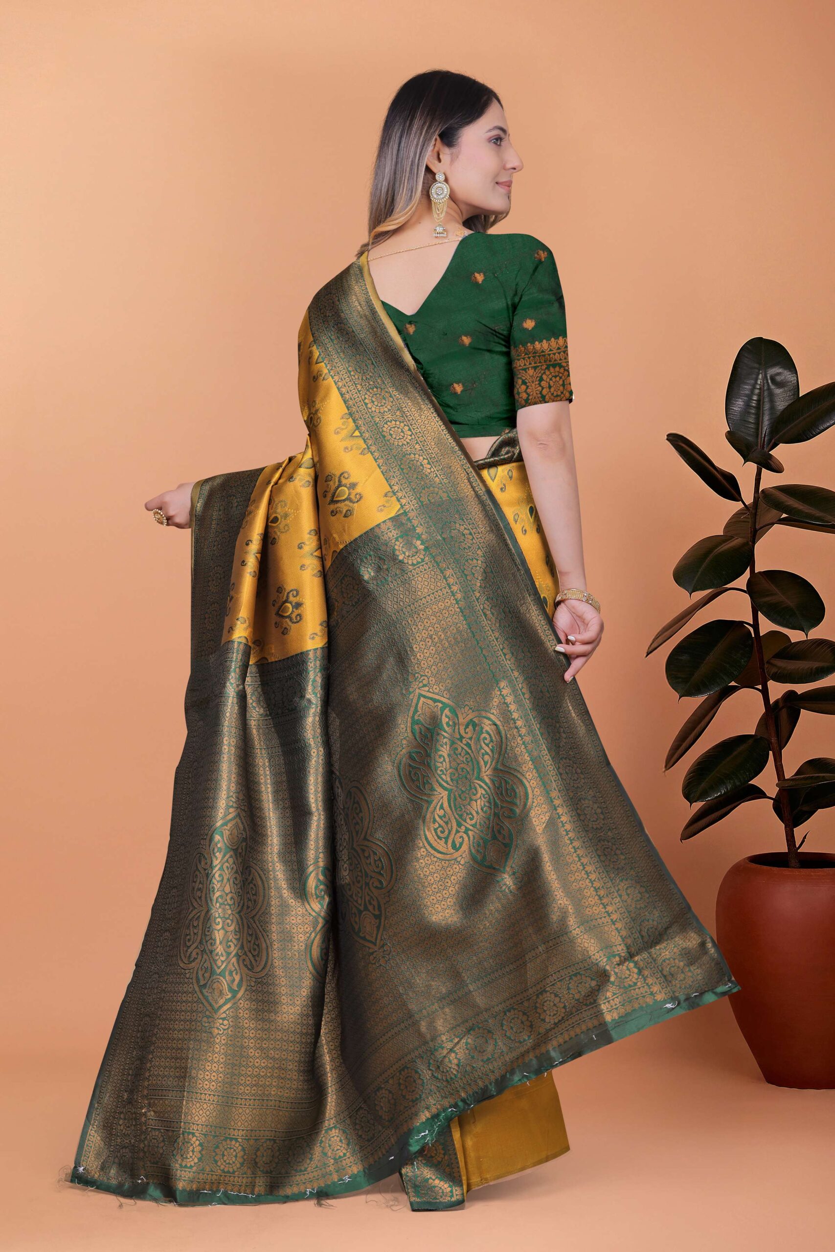 Regal Glow Mustard Yellow & Emerald Green Banarasi Silk Saree with Zari Work | Wedding, Festive & Temple Occasion Wear - Image 4