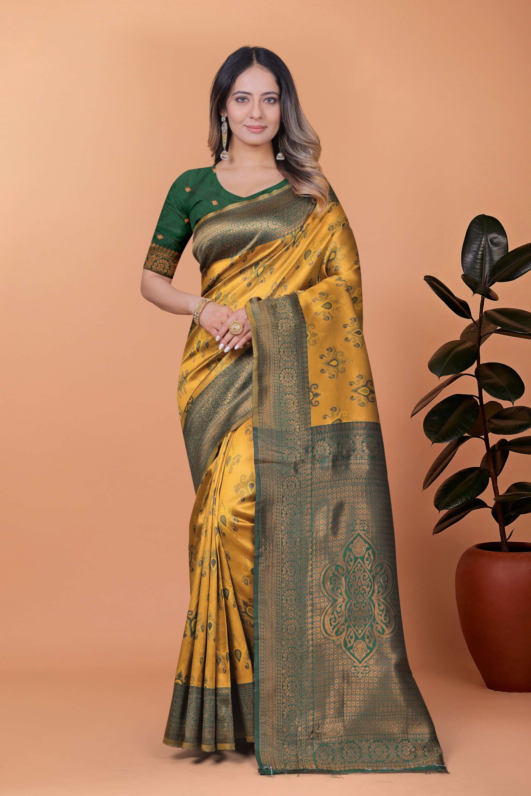 Regal Glow Mustard Yellow & Emerald Green Banarasi Silk Saree with Zari Work | Wedding, Festive & Temple Occasion Wear - Image 6
