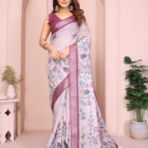 Elegant Linen Cotton Saree ? Pastel Lavender with Multicolor Floral Motifs & Wine-Purple Border