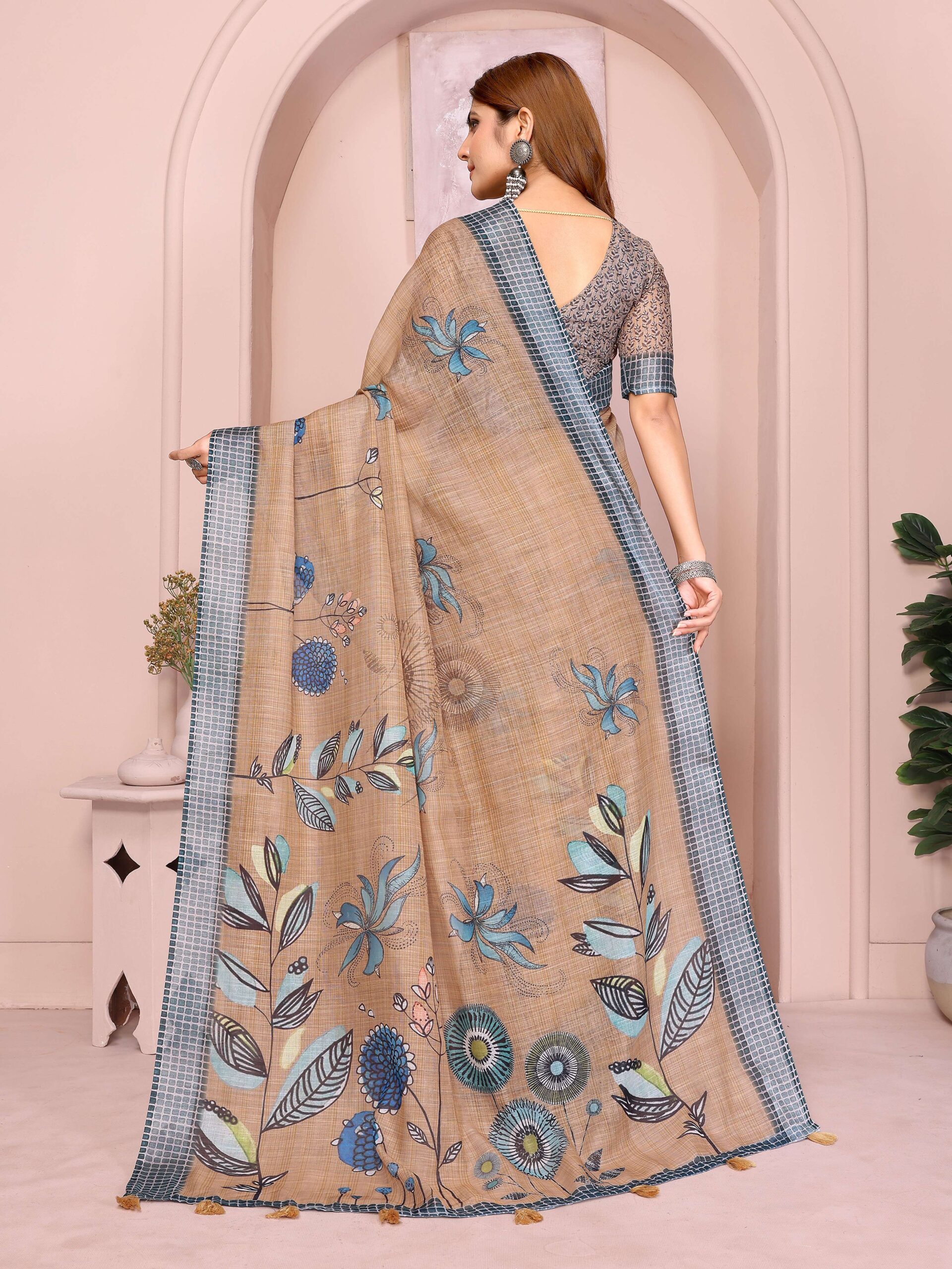 Elegant Linen Cotton Saree ? Beige Base with Blue Floral Accents & Checkered Border - Image 4