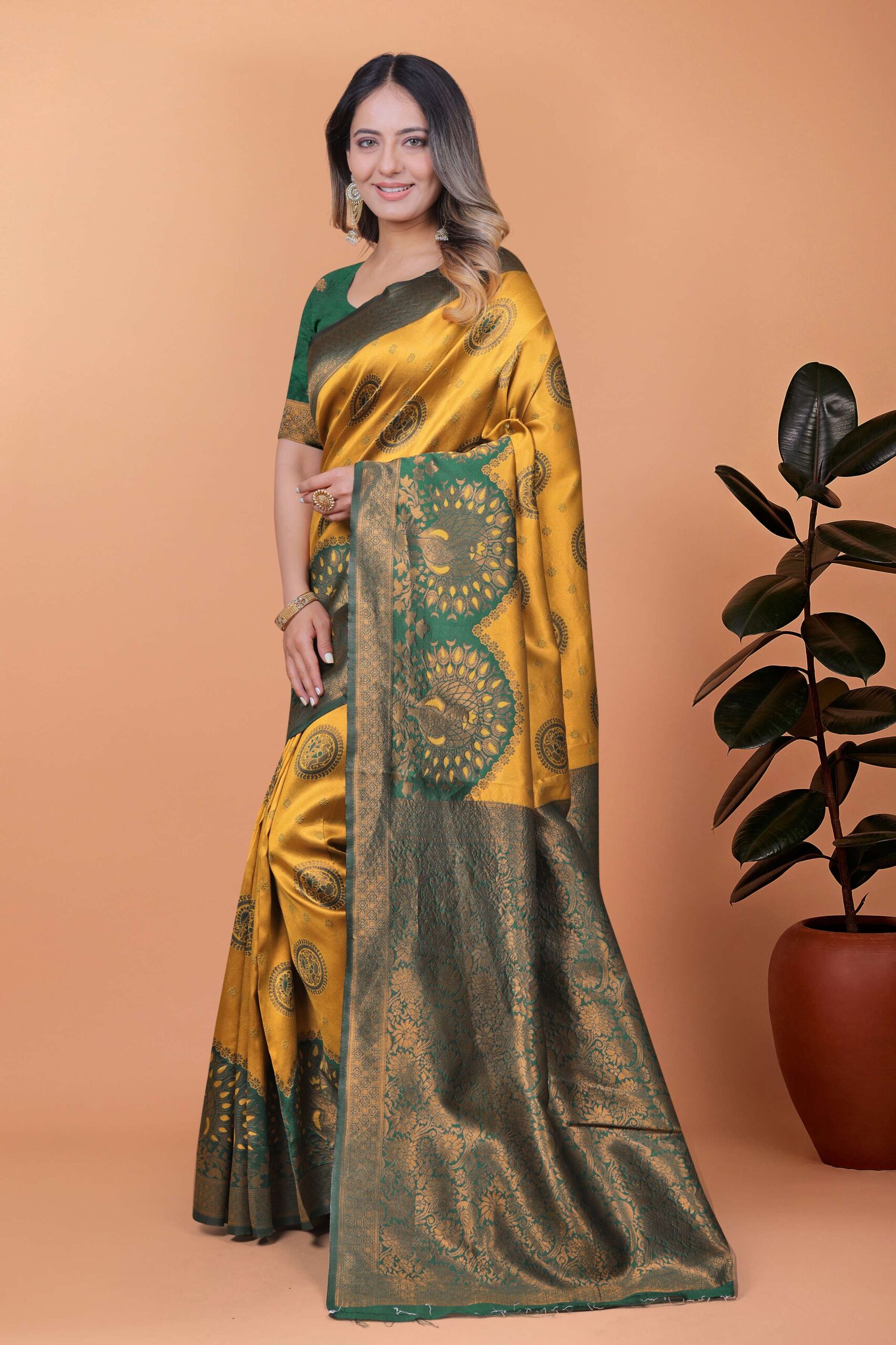 Golden Glow Banarasi Silk Saree with Peacock Zari Motifs & Deep Green Pallu | Wedding, Festive, Traditional Ethnic Wear - Image 6