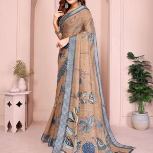 Elegant Linen Cotton Saree ? Beige Base with Blue Floral Accents & Checkered Border