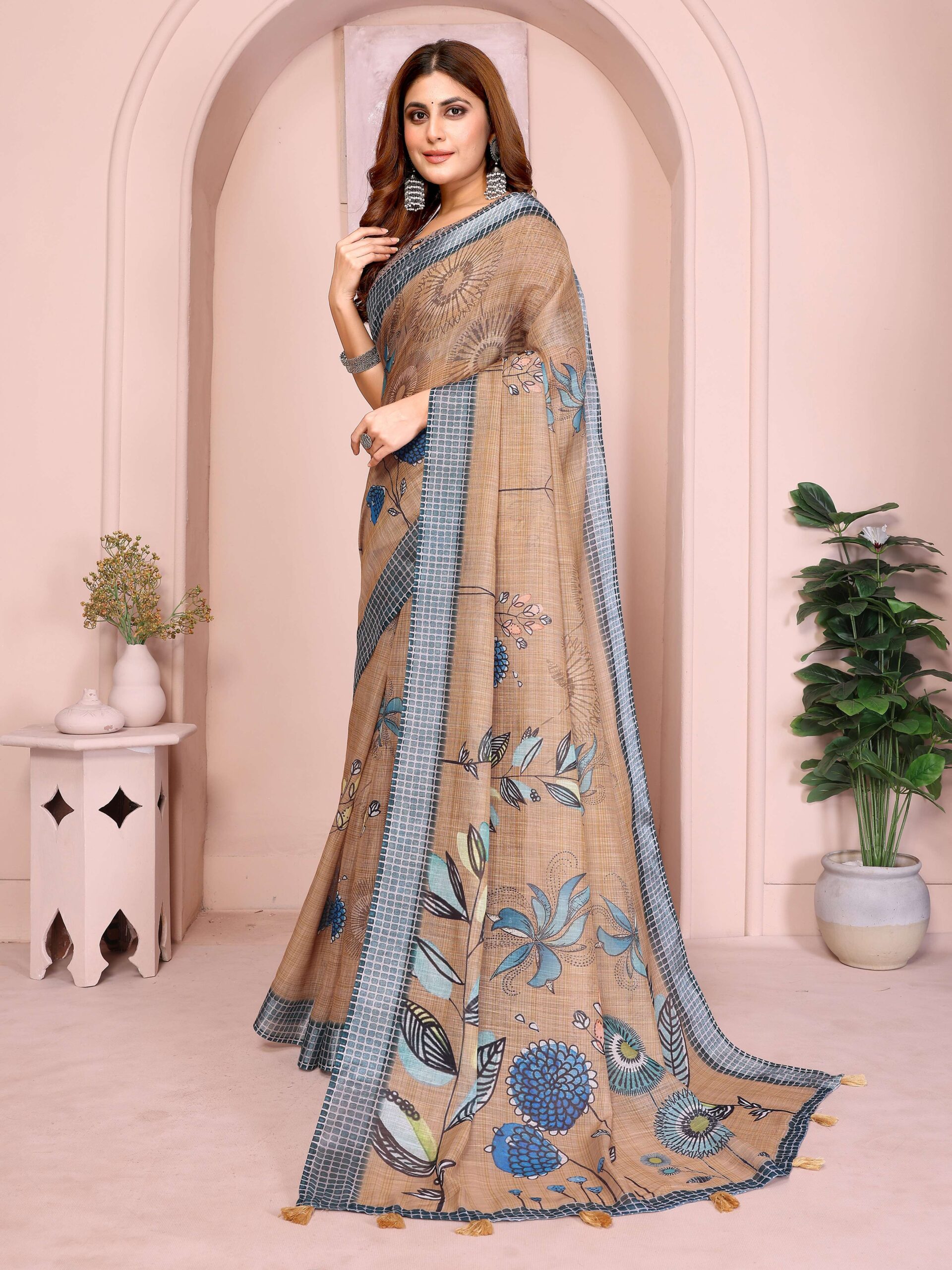 Elegant Linen Cotton Saree ? Beige Base with Blue Floral Accents & Checkered Border