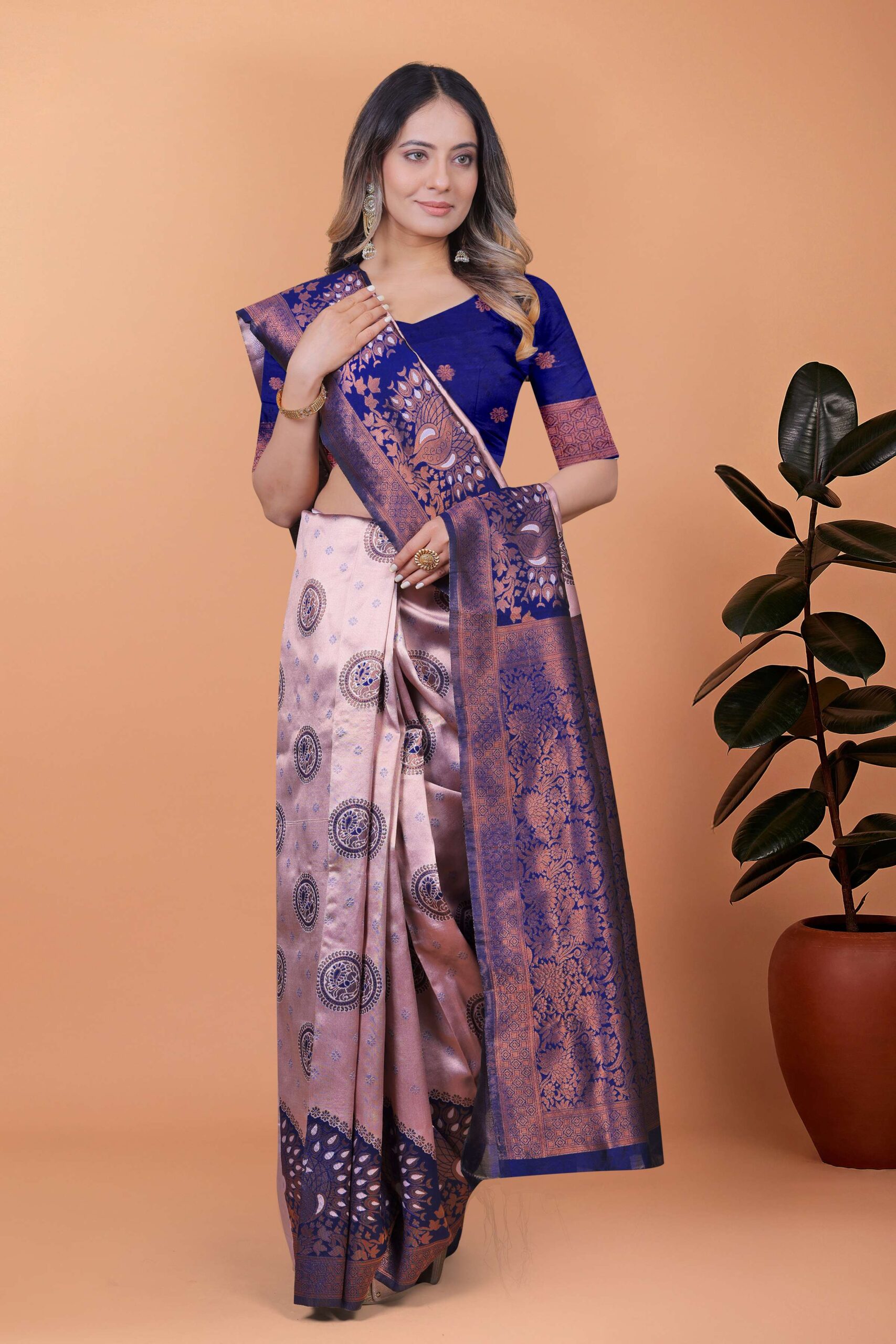 Royal Enchant Banarasi Silk Saree ? Lavender Silver with Peacock Zari Pallu