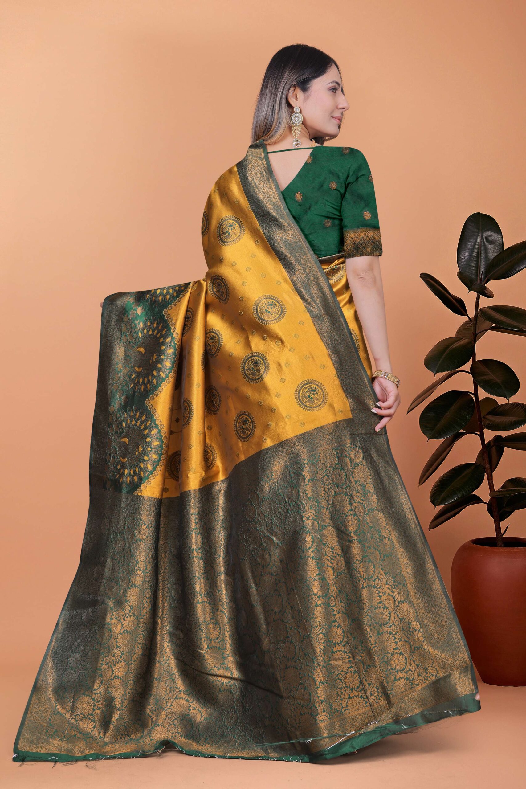 Golden Glow Banarasi Silk Saree with Peacock Zari Motifs & Deep Green Pallu | Wedding, Festive, Traditional Ethnic Wear - Image 3