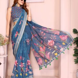 Elegant Linen Cotton Saree ? Deep Teal with Vibrant Multicolor Floral Print & Striped Border