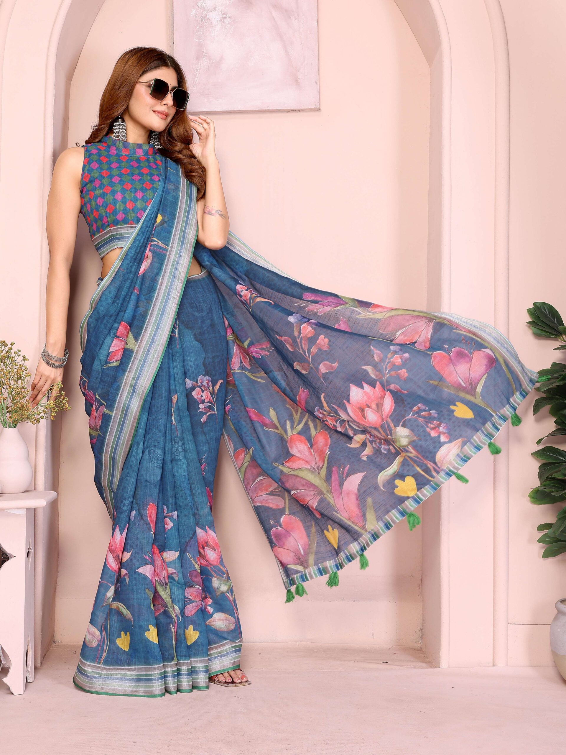 Elegant Linen Cotton Saree ? Deep Teal with Vibrant Multicolor Floral Print & Striped Border