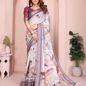 Elegant Linen Cotton Saree ? Soft Grey with Multicolor Autumn Leaf Print & Wine-Geometric Border