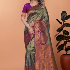 Regal Grace Banarasi Silk Saree ? Olive Green with Plum Zari Pallu