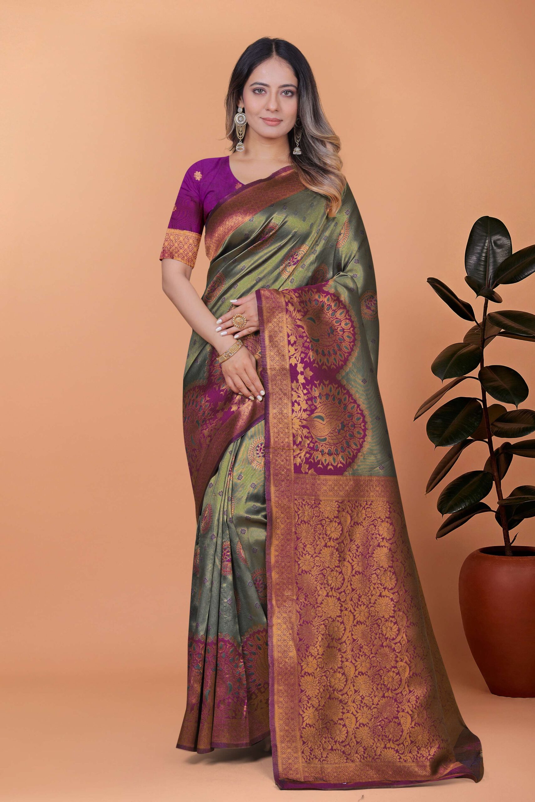 Regal Grace Banarasi Silk Saree ? Olive Green with Plum Zari Pallu