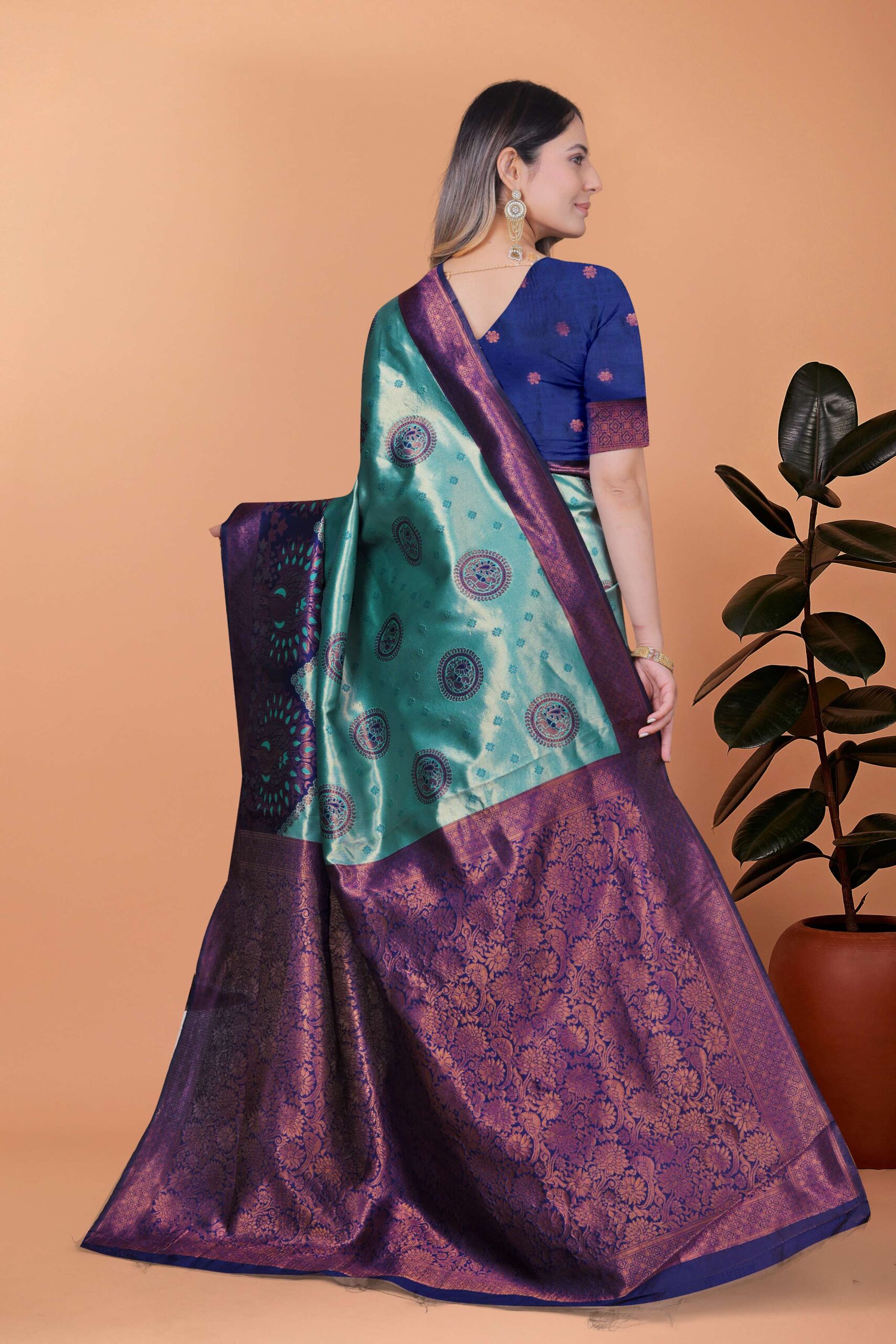 Peacock Aura Banarasi Silk Saree ? Teal Green & Royal Purple with Zari Pallu - Image 3