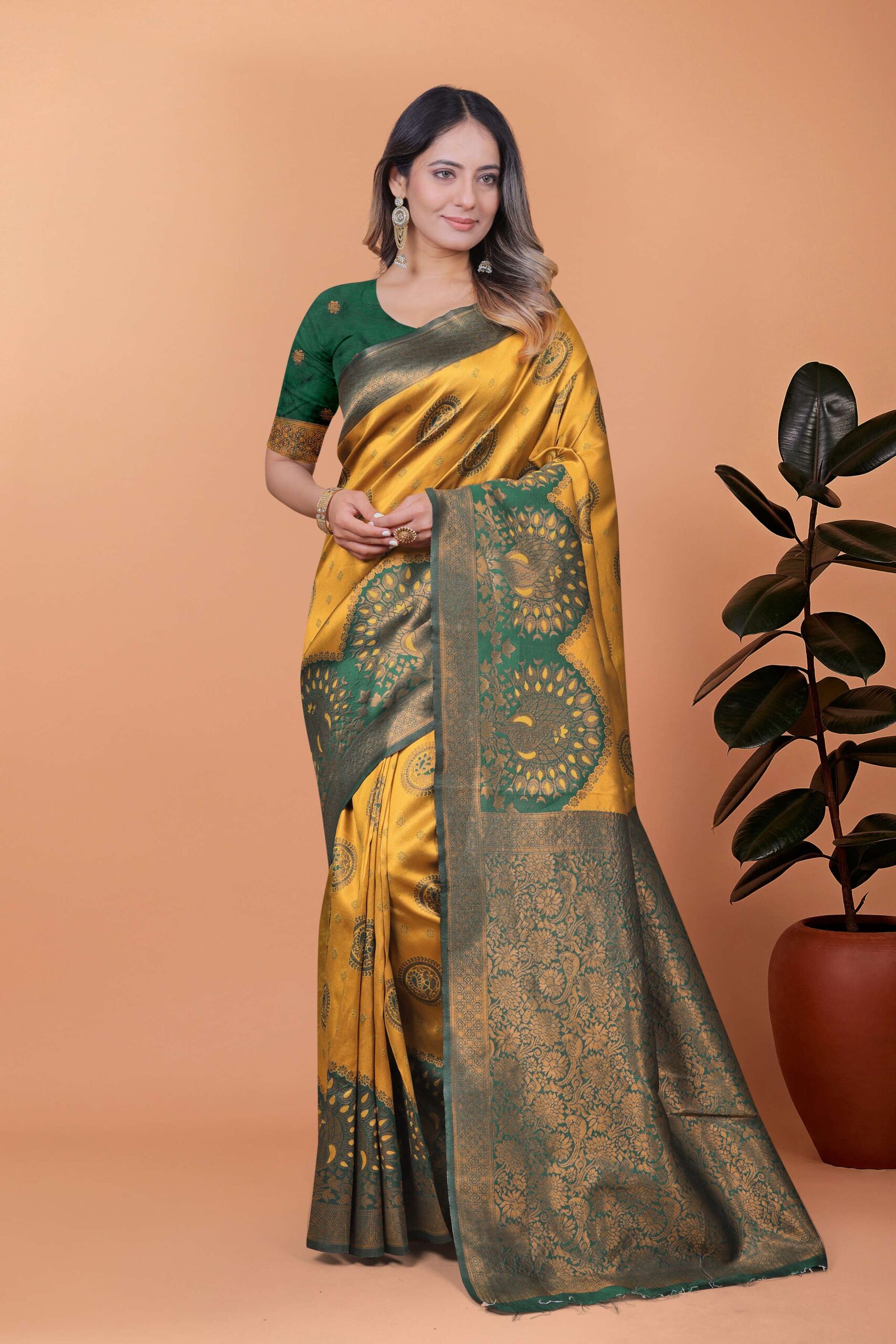 Golden Glow Banarasi Silk Saree with Peacock Zari Motifs & Deep Green Pallu | Wedding, Festive, Traditional Ethnic Wear - Image 5