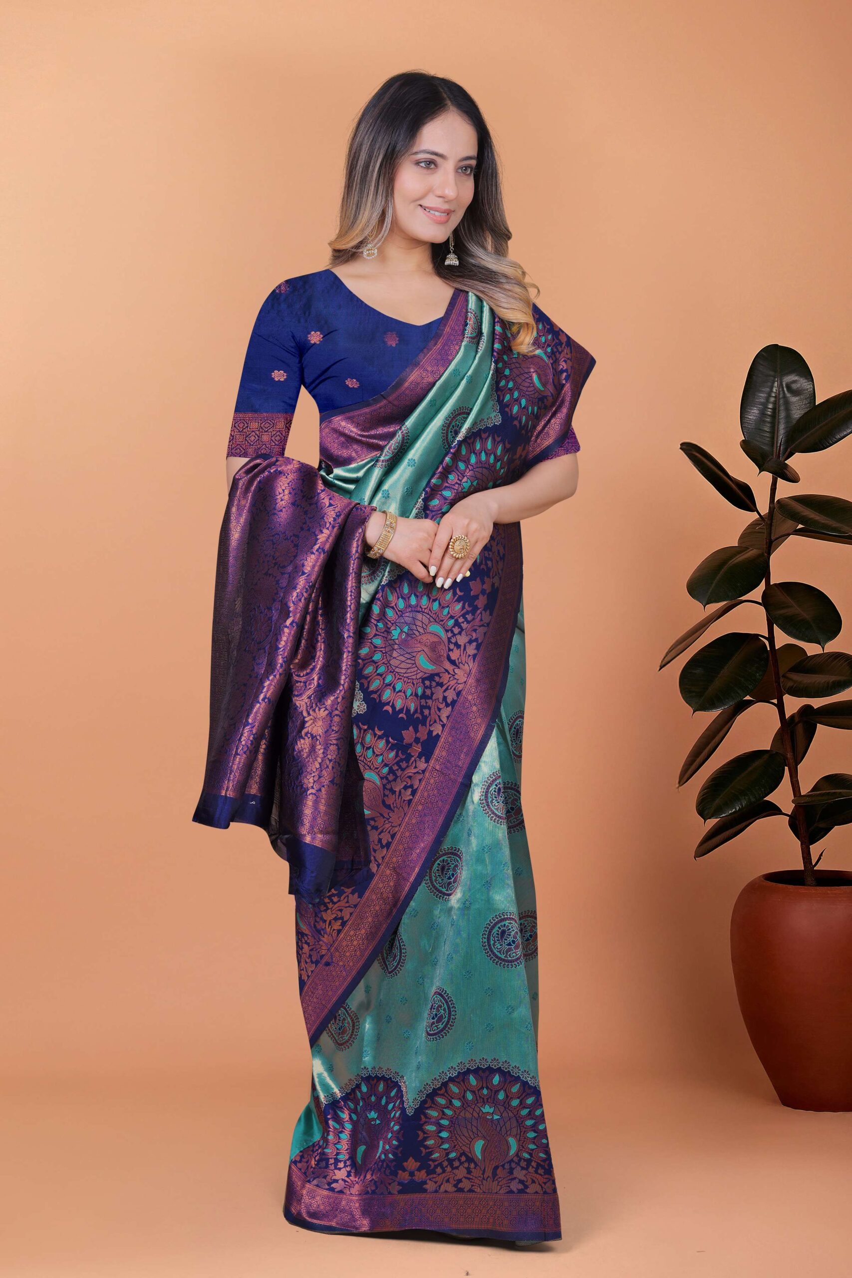 Peacock Aura Banarasi Silk Saree ? Teal Green & Royal Purple with Zari Pallu