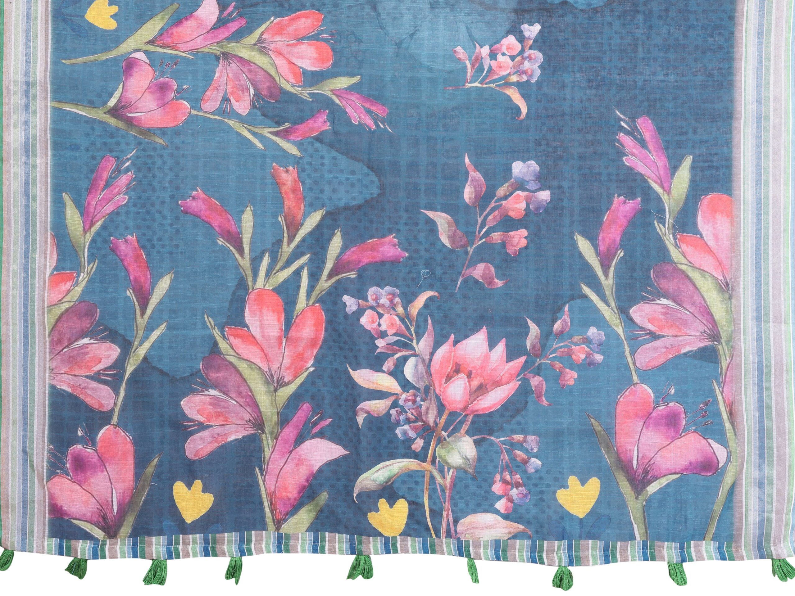 Elegant Linen Cotton Saree ? Deep Teal with Vibrant Multicolor Floral Print & Striped Border - Image 5