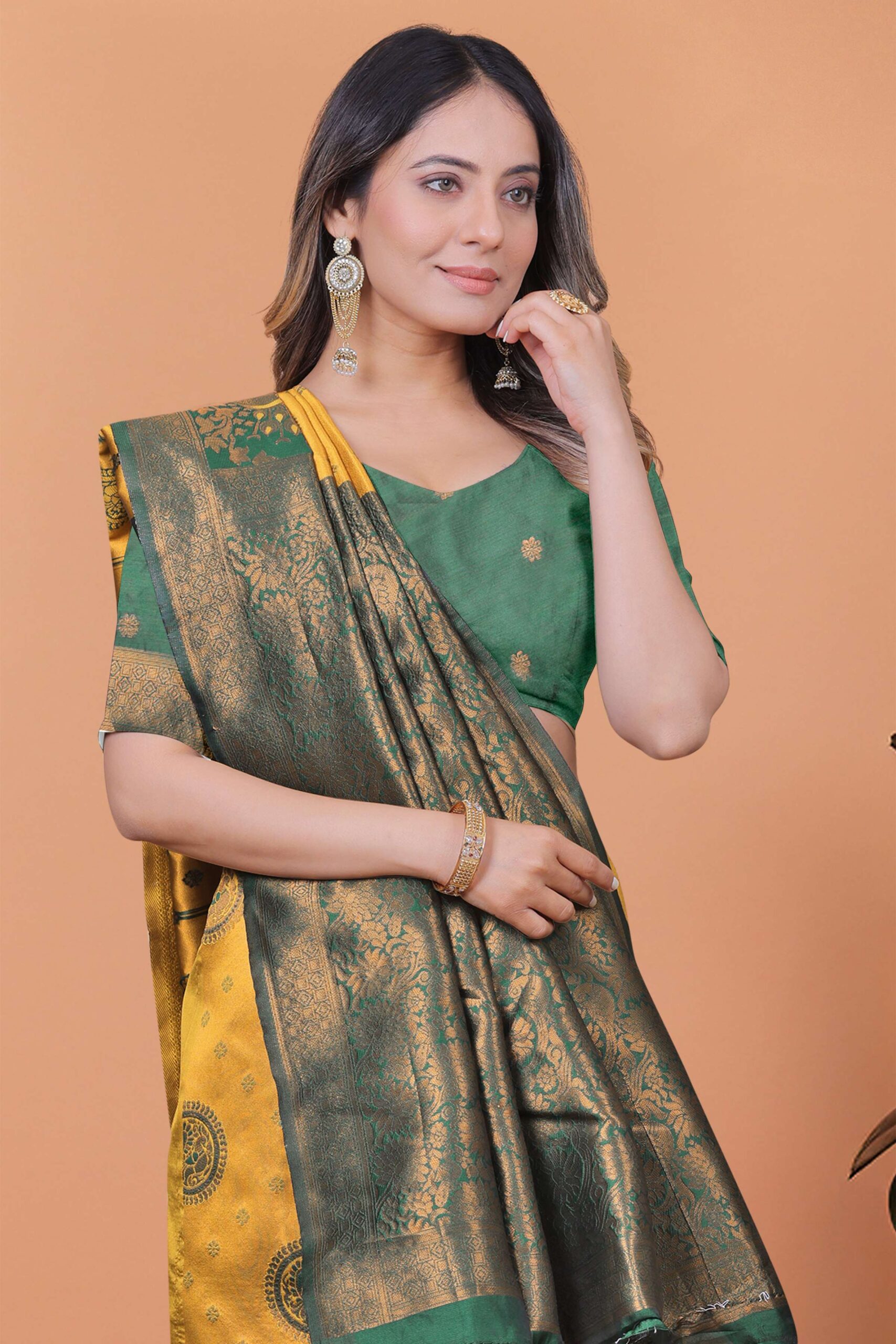 Golden Glow Banarasi Silk Saree with Peacock Zari Motifs & Deep Green Pallu | Wedding, Festive, Traditional Ethnic Wear - Image 2