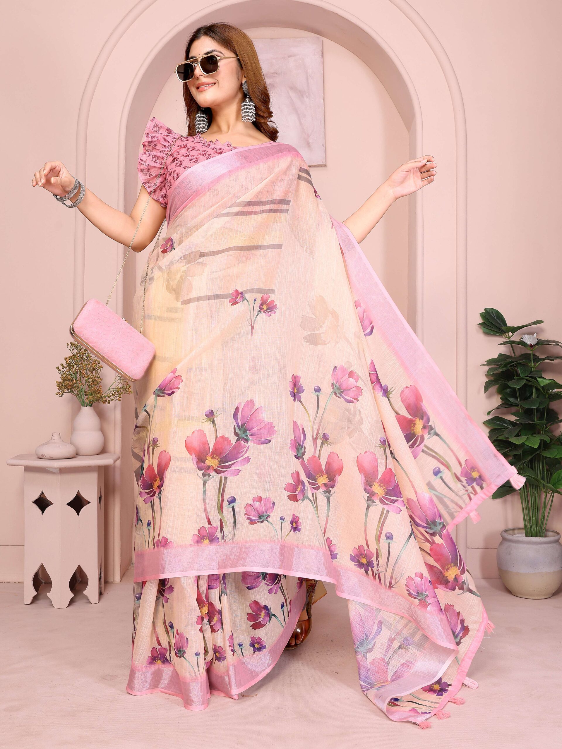 Elegant Linen Cotton Saree ? Beige Blooming Floral Print with Soft Pink Border - Image 6