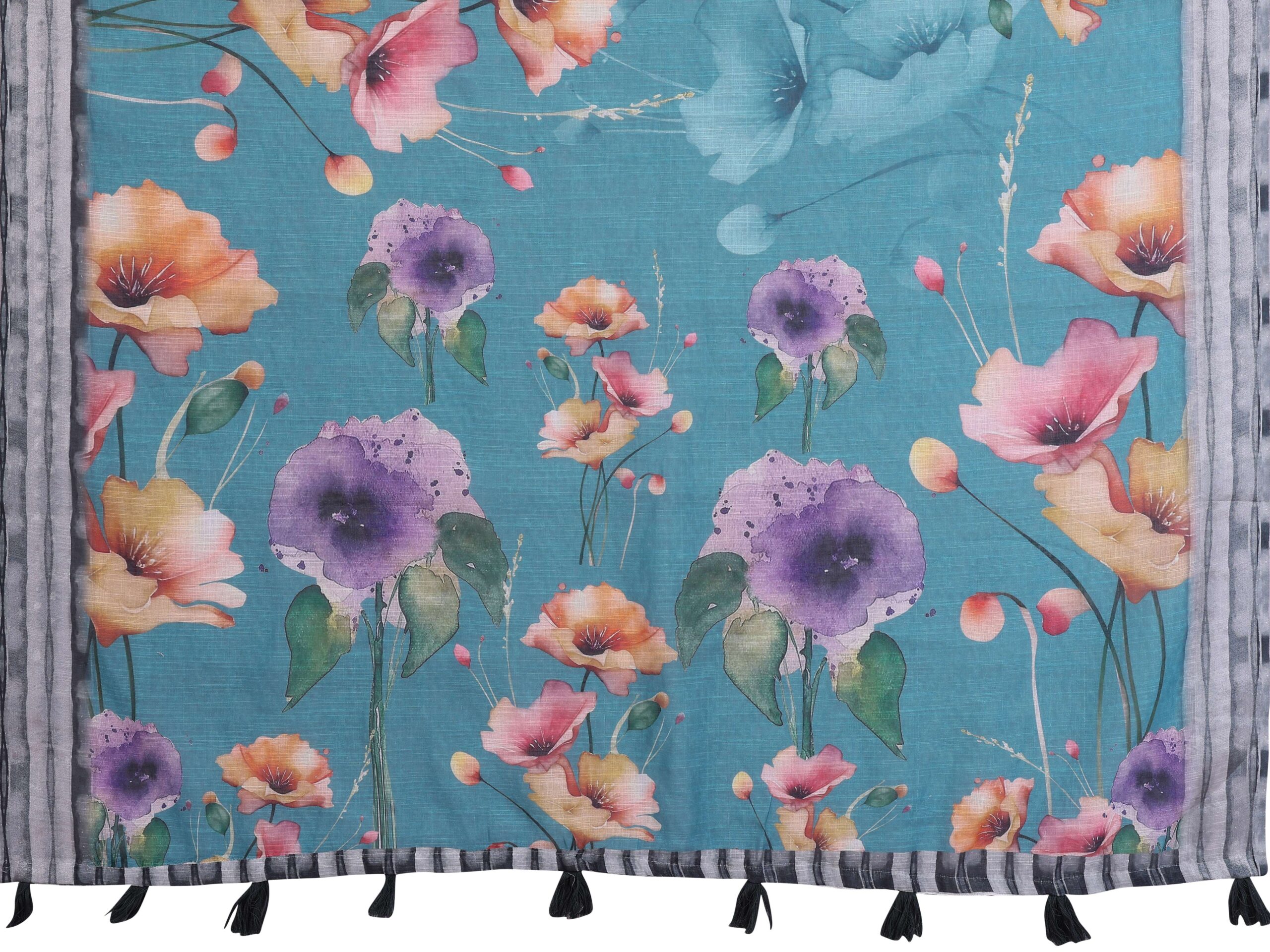Teal Linen Cotton Saree with Vibrant Multicolor Floral Prints & Tassel Pallu - Image 6