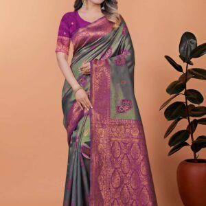 Graceful Grey-Green Banarasi Silk Saree with Magenta Zari Border & Blouse | Wedding, Festival & Party Wear