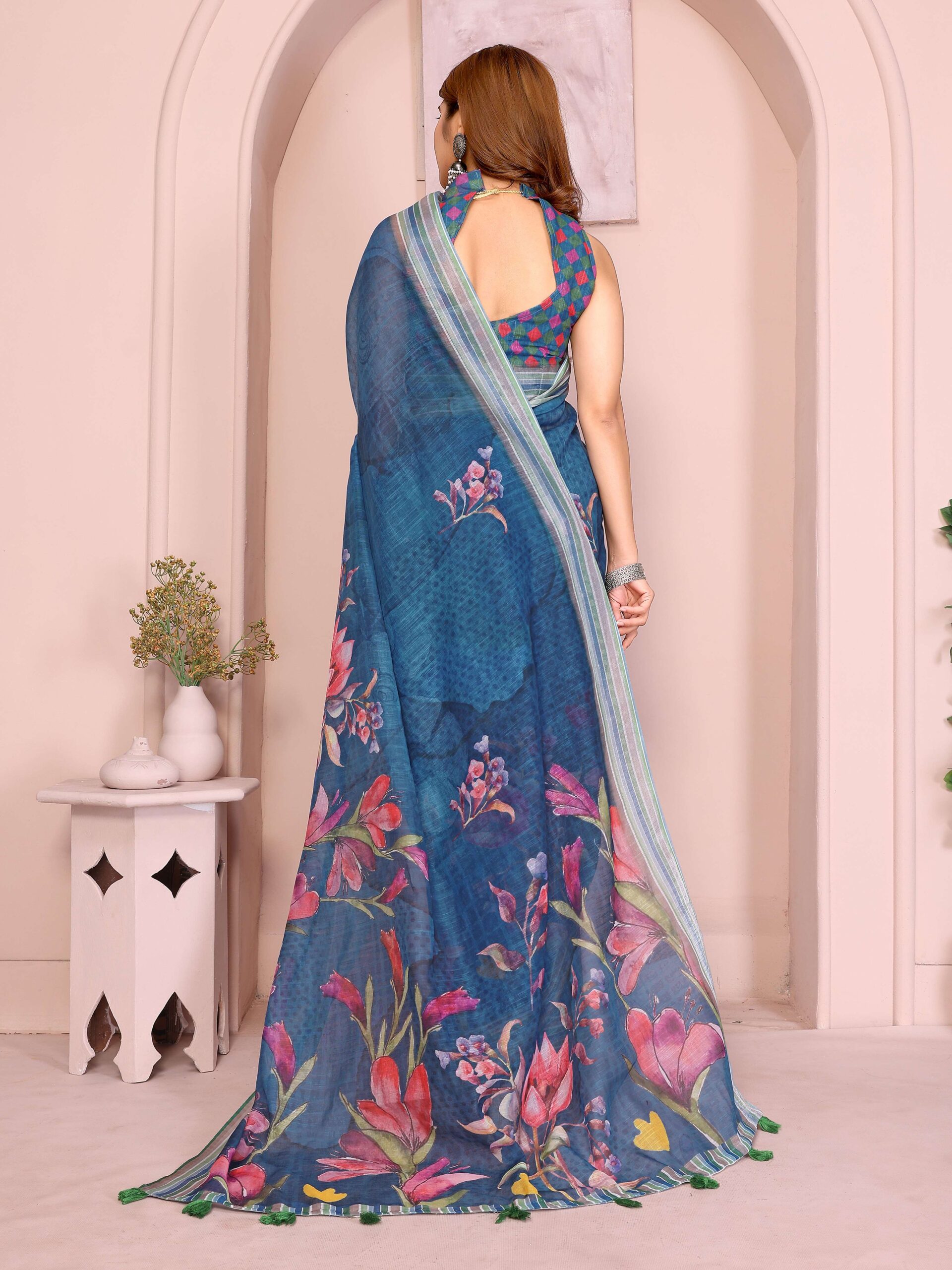 Elegant Linen Cotton Saree ? Deep Teal with Vibrant Multicolor Floral Print & Striped Border - Image 2