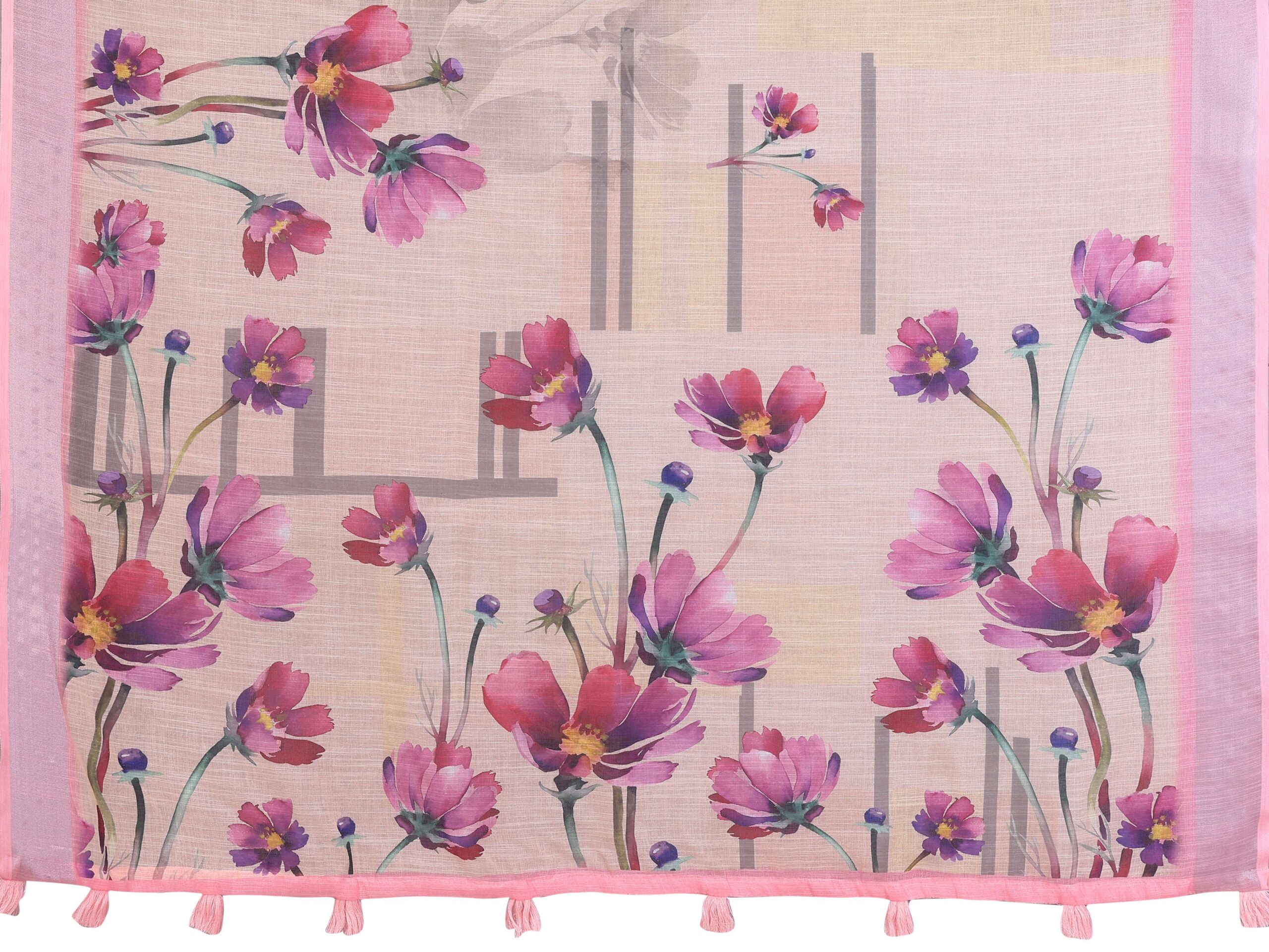Elegant Linen Cotton Saree ? Beige Blooming Floral Print with Soft Pink Border - Image 5
