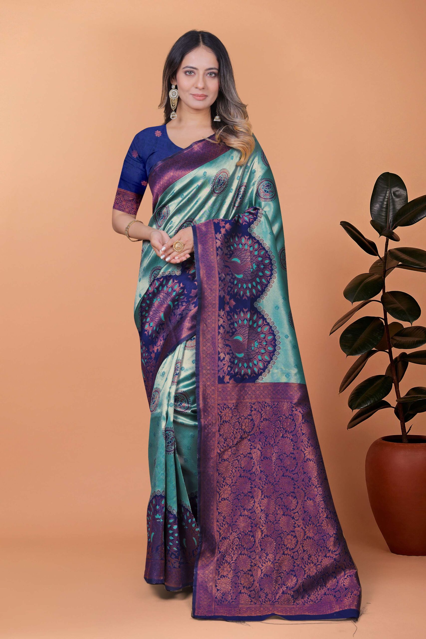 Peacock Aura Banarasi Silk Saree ? Teal Green & Royal Purple with Zari Pallu - Image 5