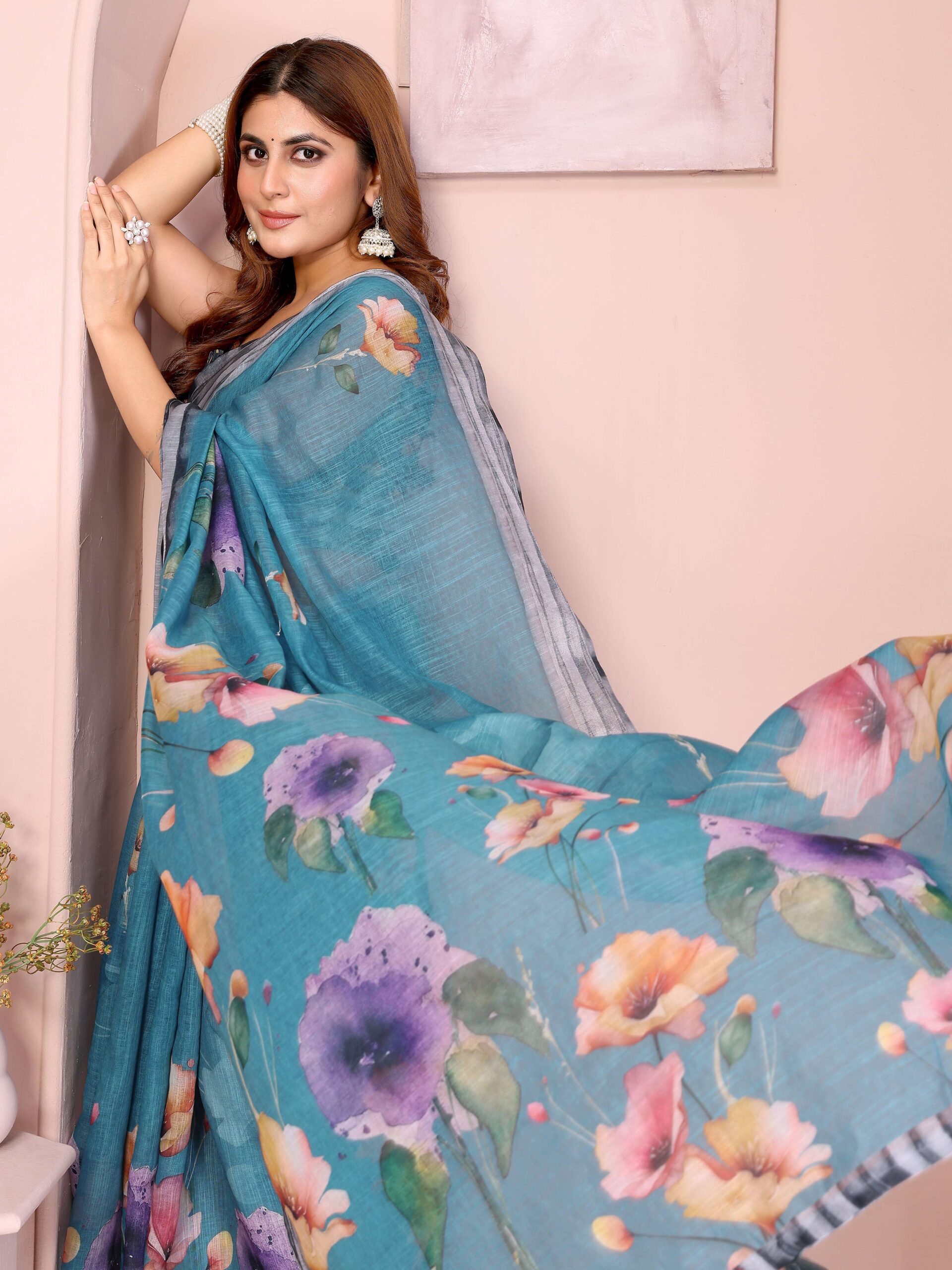 Teal Linen Cotton Saree with Vibrant Multicolor Floral Prints & Tassel Pallu - Image 3