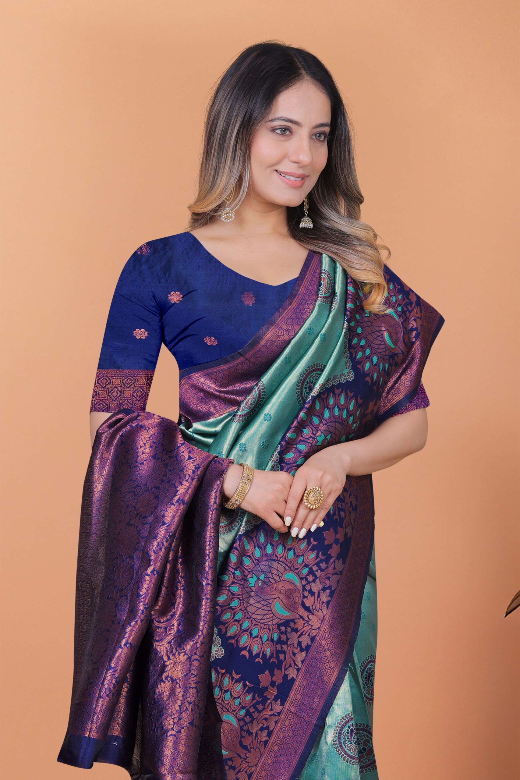 Peacock Aura Banarasi Silk Saree ? Teal Green & Royal Purple with Zari Pallu - Image 2