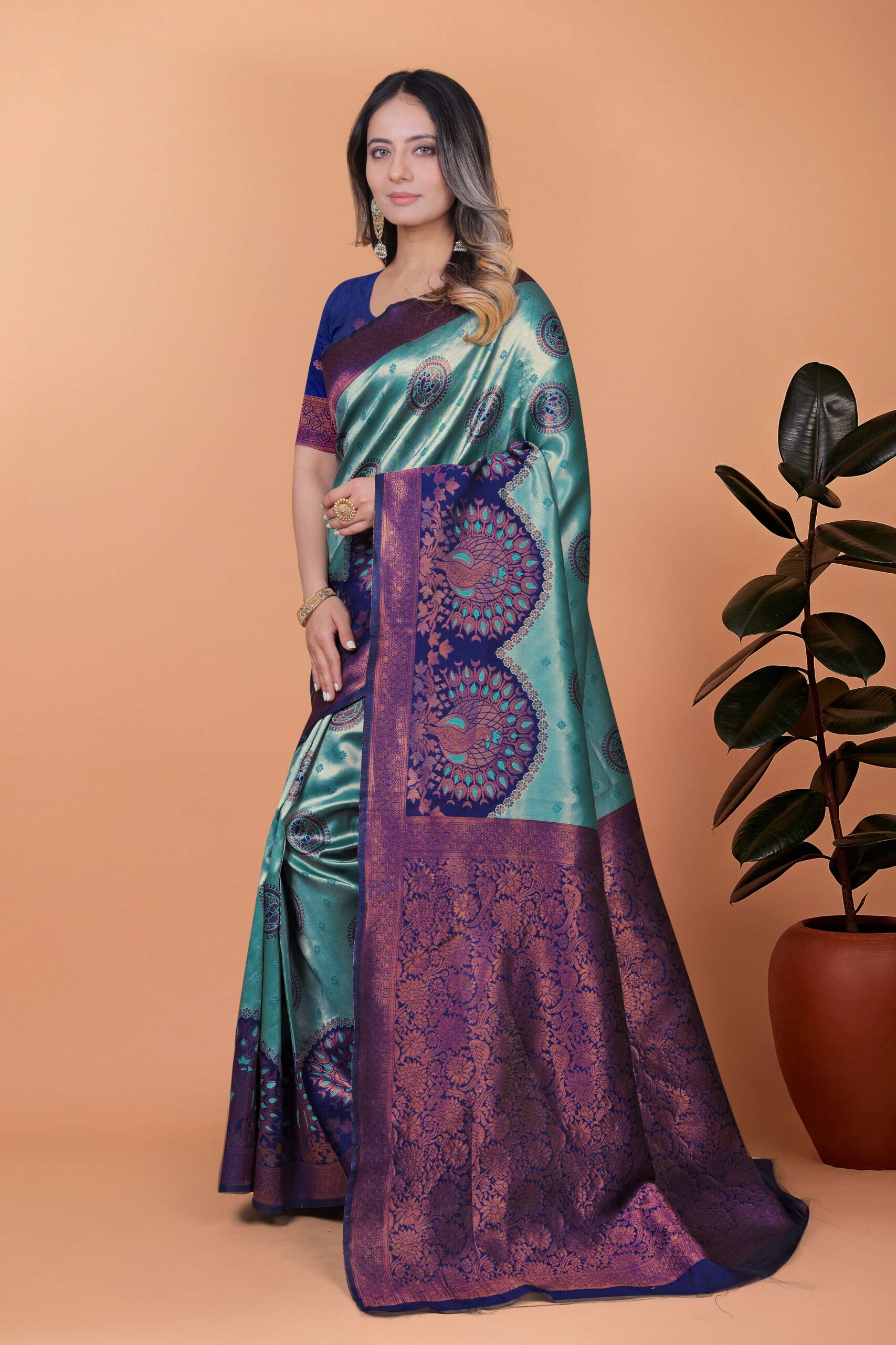 Peacock Aura Banarasi Silk Saree ? Teal Green & Royal Purple with Zari Pallu - Image 6