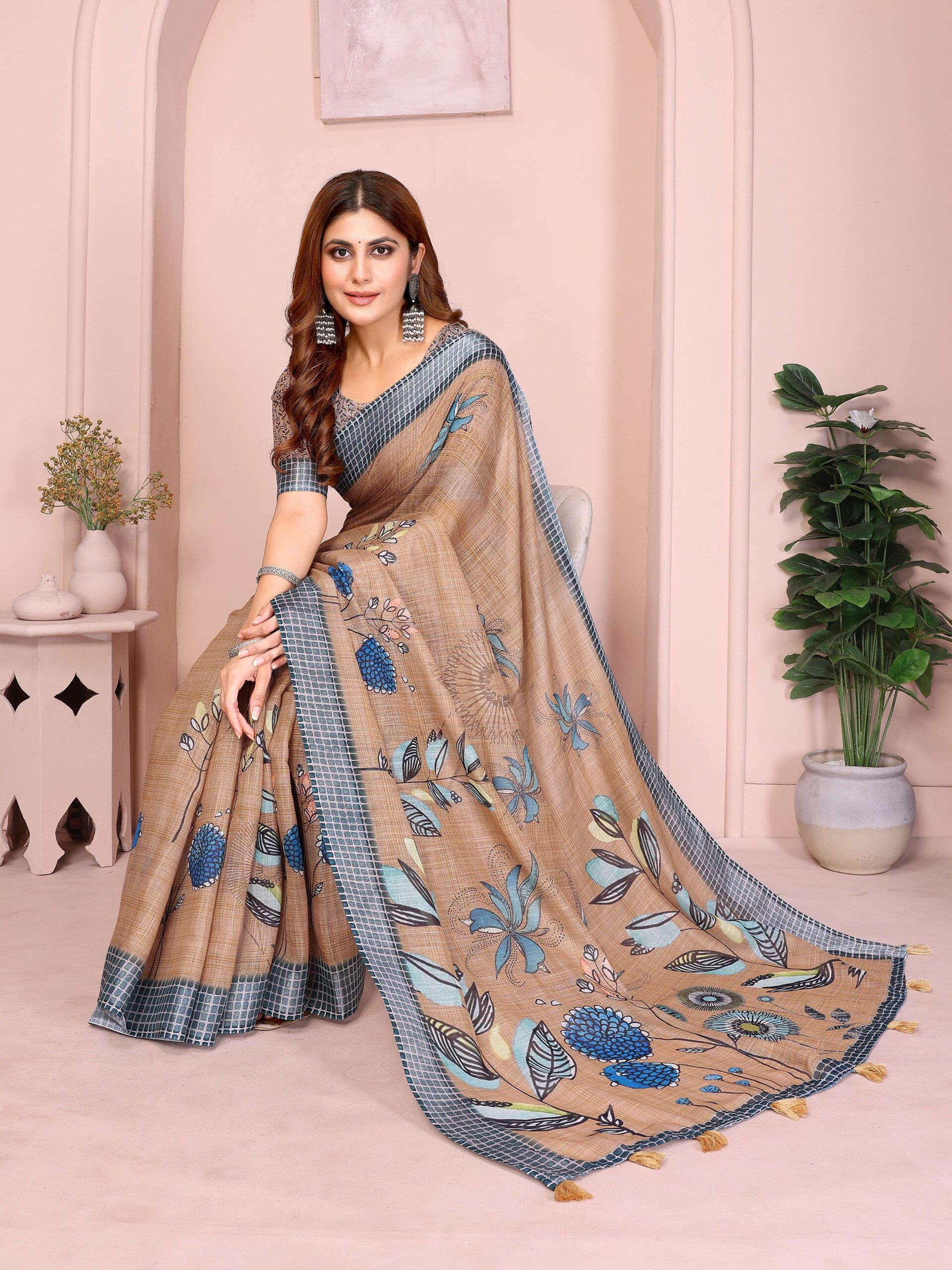 Elegant Linen Cotton Saree ? Beige Base with Blue Floral Accents & Checkered Border - Image 6