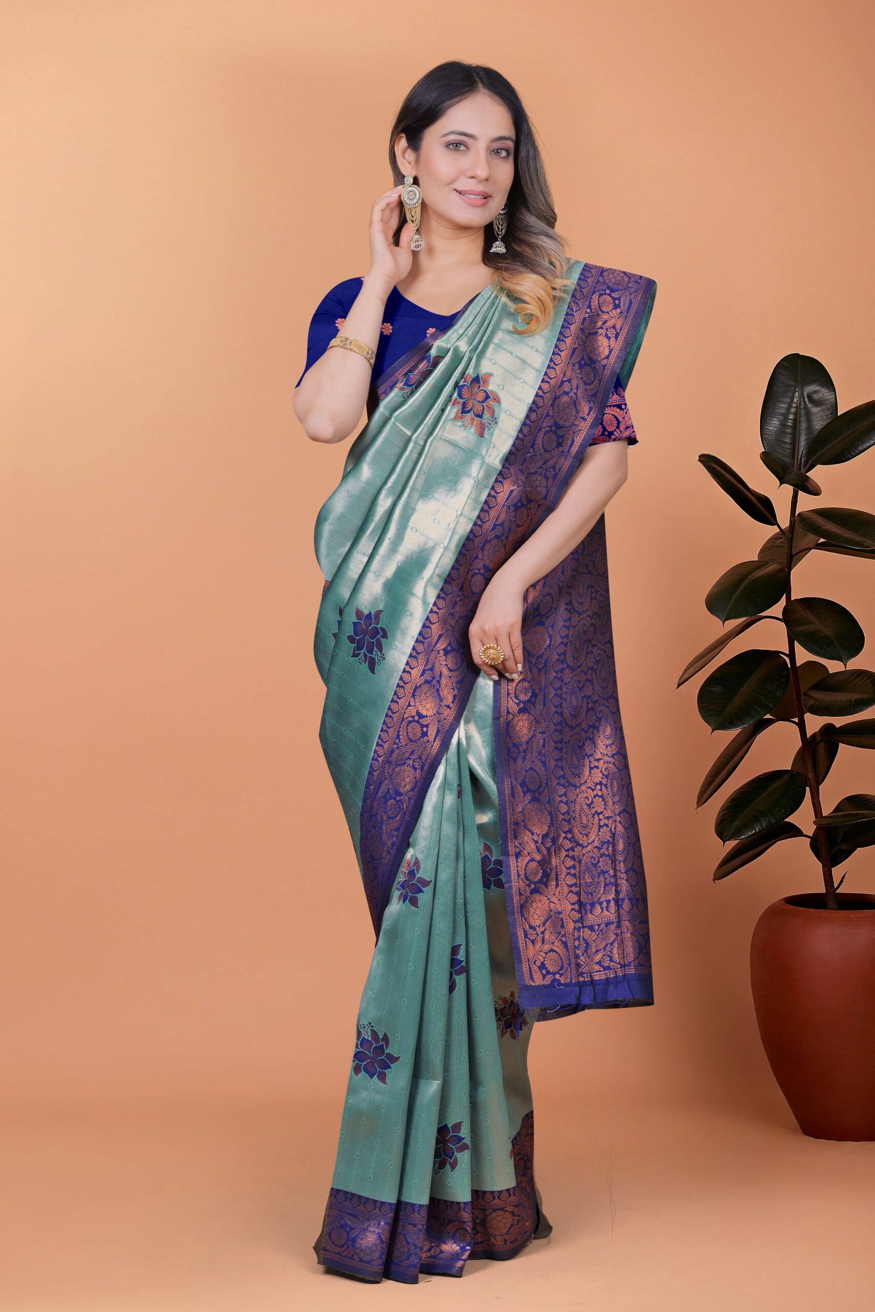Celestial Grace Mint Green Banarasi Silk Saree with Royal Blue & Copper Zari Work | Wedding, Reception & Festival Wear
